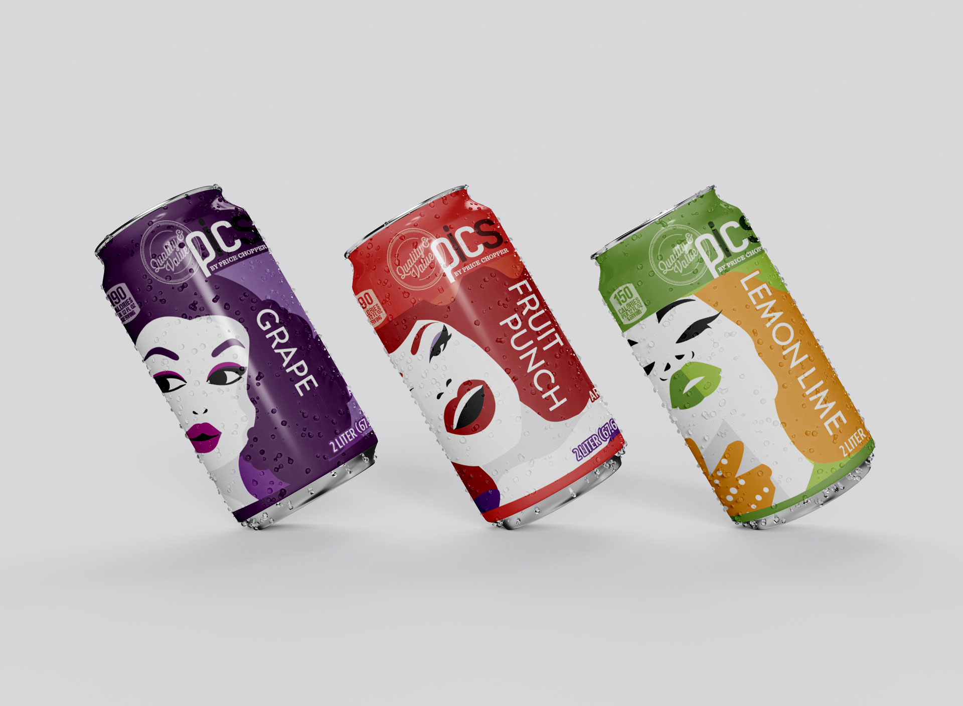 Three cans of juice on grey background