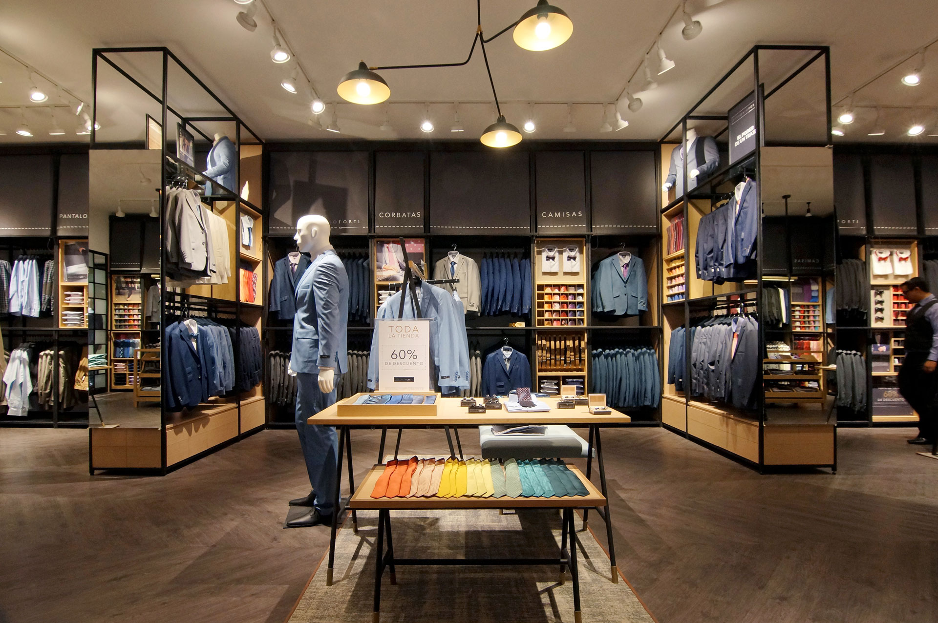Interior retail space with stands and lighting